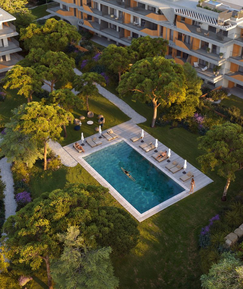 Vista aérea da piscina e dos jardins