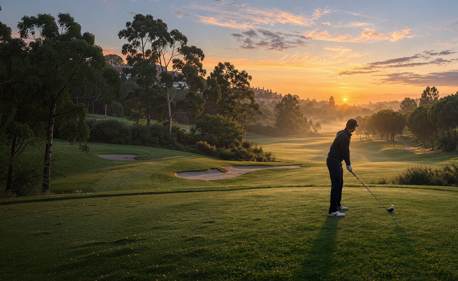 Jogador de golfe ao nascer do sol